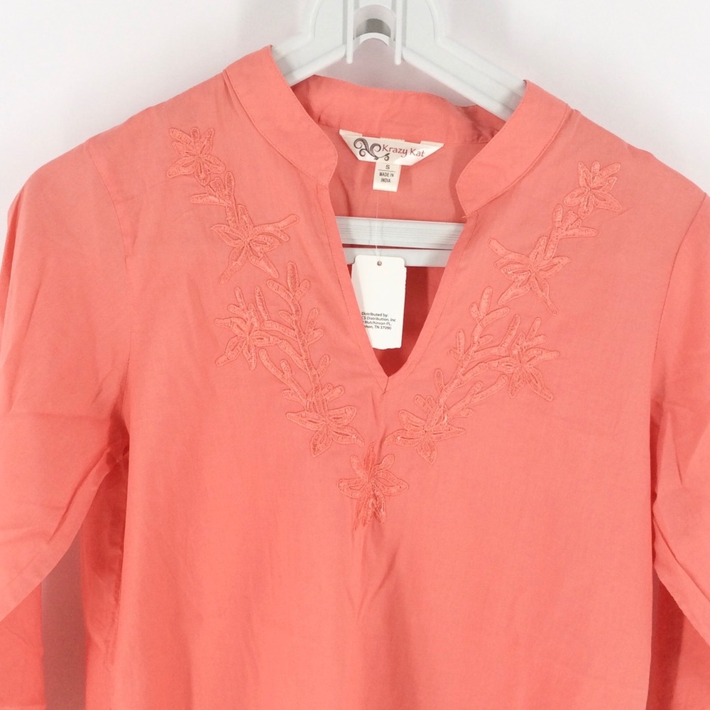 NWT Krazy Kat Coral Embroidered Tunic Top S